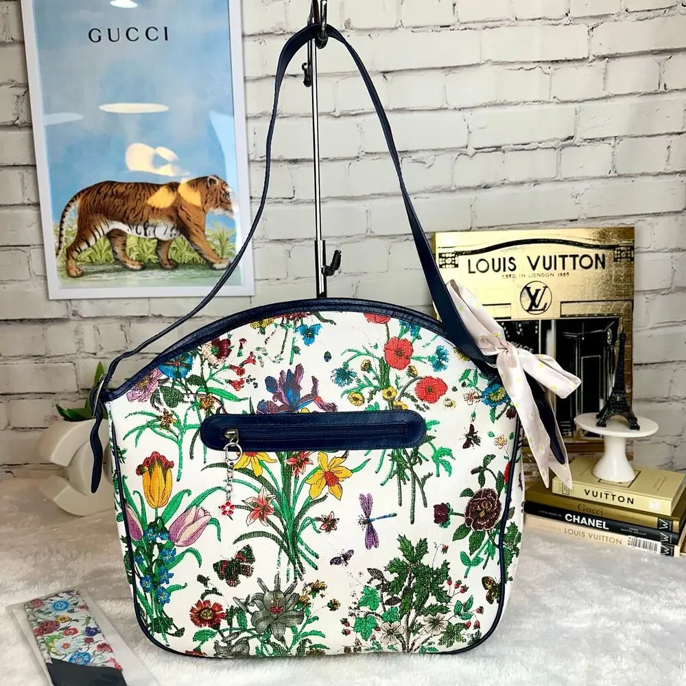 Gucci Flora GG Vintage Large Shoulder Bag tote Good USED with scarf RARE. GIFT! - Picture 2 of 16